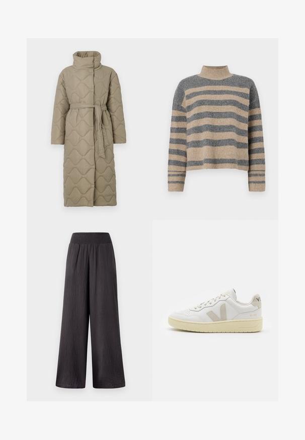 Lange taupe gekwiltde jas met hoge kraag en bijpassende stoffen riem die om de taille is geknoopt, met golfpatroon stiksel over het geheel.; Gestreepte gebreide trui met grijze en beige kleuren, hoge hals, brede mouwen met manchetten en een relaxte pasvorm met een cropped ontwerp.; Zwarte wijde broek met een smock tailleband, vervaardigd uit lichtgewicht, textuurstof, met een losse pasvorm en een volledige lengte.; Witte leren sneaker met beige suède accenten, geperforeerde neus, platte veters en een gestructureerde crèmekleurige zool. Heeft subtiele branding op de hak.