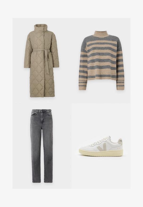 Hosszú taupe színű steppelt kabát magas gallérral és azonos anyagból készült övvel, amely a deréknál van megkötve, hullámmintás varrással az egész felületen.; Csíkos kötött pulóver szürke és bézs színekkel, magas gallérral, széles mandzsettás ujjal és laza, rövidített fazonnal.; Magas derekú, egyenes szárú szürke farmernadrág, elöl gombos és cipzáros záródással, elülső és hátsó zsebekkel.; Fehér bőr sneaker bézs velúr részletekkel, perforált orr résszel, lapos fűzőkkel és textúrált krémszínű talppal. Finom márkajelzés található a sarkán.