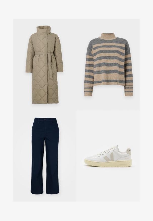 Long taupe quilted coat with high collar and matching fabric belt tied at the waist, featuring wave-pattern stitching throughout.; Striped knit sweater featuring gray and beige colors, high neck, wide cuffed sleeves, and a relaxed fit with a cropped design.; Navy blue wide-leg trousers made of cotton with a button closure, front pockets, and subtle stitching details. Tailored cut for comfort.; White leather sneaker with beige suede accents, perforated toe box, flat laces, and a textured cream sole. Features subtle branding on heel.
