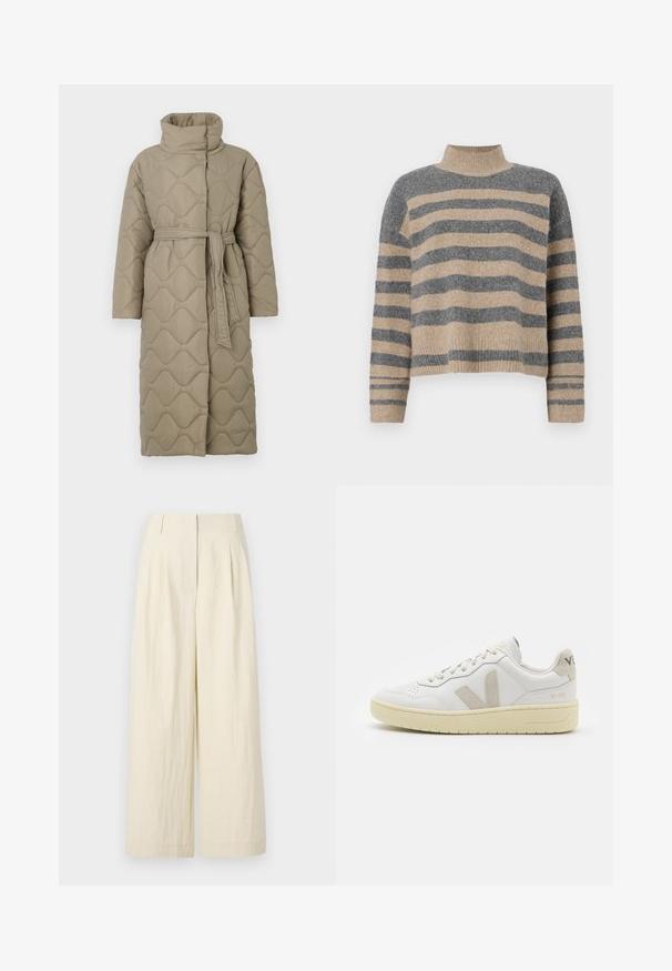 Dugi taupe kaput s kvadrama s visokim ovratnikom i remenom od istog materijala zavezanim u struku, s valovitim uzorkom šivanja kroz cijelu površinu.; Prugasti pleteni džemper u sivoj i bež boji, s visokim ovratnikom, širokim rukavima s manžetama i opuštenim krojem koji je skraćen.; Hlače širokih nogavica boje kreme izrađene su od teksturiranog materijala. Imaju prednje nabore i visoki struk, što omogućava slobodan kroj kroz cijelo tijelo.; Bijele kožne tenisice s bež nubuk naglascima, perforiranim prednjim dijelom, ravnim čipkama i teksturiranom kremastom potplatom. Sadrži suptilni brend na pete.
