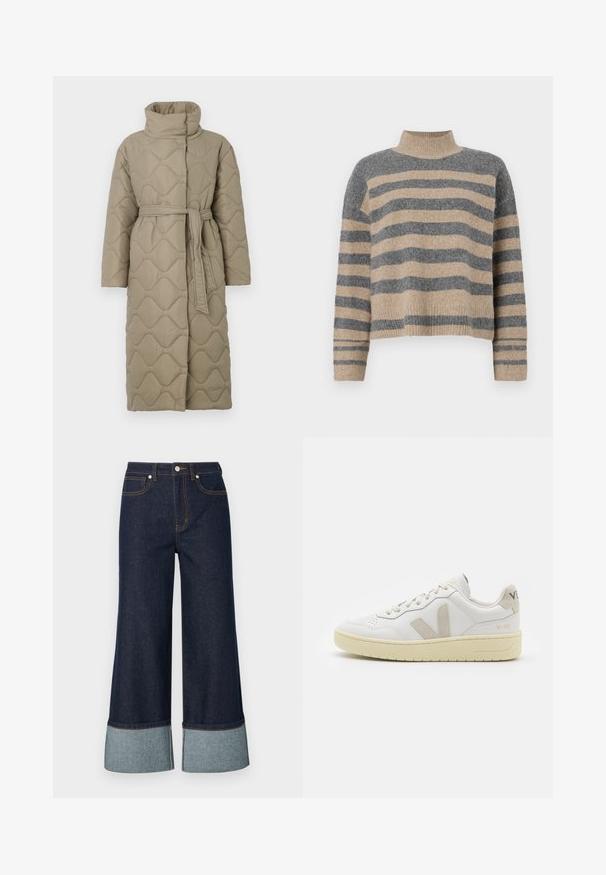 Lang taupe quiltet frakk med høy krage og belte i matchende stoff knyttet rundt livet, med bølgemønster-innsying gjennom hele frakken.; Stripet strikkegenser som har grå og beige farger, høy hals, brede mansjetter og en avslappet passform med kort design.; Bredde benjeans laget av mørk denim, med lysere denim mansjetter. Designet inkluderer frontlommer og kontraststing detaljer.; Hvite lær sneakers med beige semsket detaljer, perforert tåboks, flate lisser og en teksturert kremfarget såle. Har subtil branding på hælen.