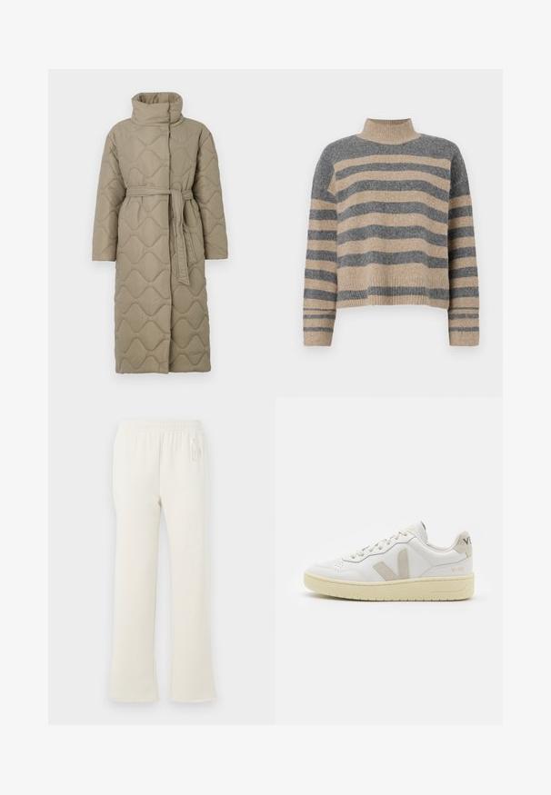 Lange taupe gekwiltde jas met hoge kraag en bijpassende stoffen riem die om de taille is geknoopt, met golfpatroon stiksel over het geheel.; Gestreepte gebreide trui met grijze en beige kleuren, hoge hals, brede mouwen met manchetten en een relaxte pasvorm met een cropped ontwerp.; Crème-kleurige trainingsbroek met elastische tailleband en subtiele "GAP"-logo op de bovenste linkse heup, weergegeven tegen een witte achtergrond.; Witte leren sneaker met beige suède accenten, geperforeerde neus, platte veters en een gestructureerde crèmekleurige zool. Heeft subtiele branding op de hak.