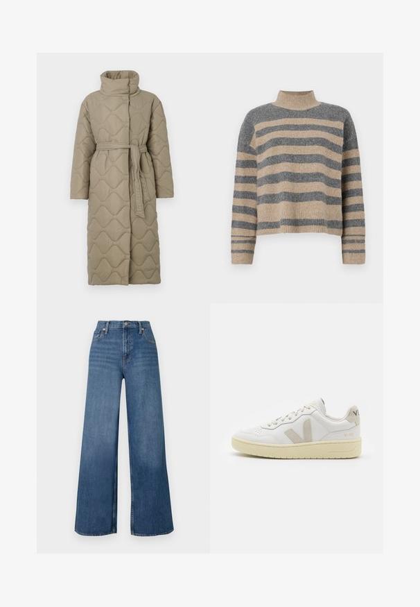 Casaco longo em taupe, acolchoado, com gola alta e cinto de tecido a condizer atado à cintura, apresentando um acolchoado em padrão de ondas por toda a parte.; Sweater de malha às riscas com cores cinza e bege, gola alta, mangas largas com punhos e um corte solto com design cropped.; Jeans azuis de perna larga feitos de denim, com uma cintura alta, fecho frontal em botão e design clássico de cinco bolsos. Textura suave.; Sapatilha de couro branca com detalhes em camurça bege, biqueira perfurada, atacadores planos e sola texturizada creme. Apresenta uma marcação subtil no calcanhar.