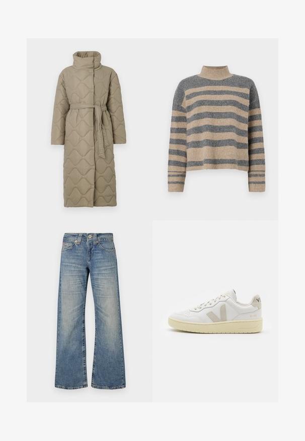 Casaco longo em taupe, acolchoado, com gola alta e cinto de tecido a condizer atado à cintura, apresentando um acolchoado em padrão de ondas por toda a parte.; Sweater de malha às riscas com cores cinza e bege, gola alta, mangas largas com punhos e um corte solto com design cropped.; Jeans flange azul claro com cintura média, textura desbotada, cinco bolsos e ferragens em tom cobre. Apresenta detalhes de costura subtis.; Sapatilha de couro branca com detalhes em camurça bege, biqueira perfurada, atacadores planos e sola texturizada creme. Apresenta uma marcação subtil no calcanhar.
