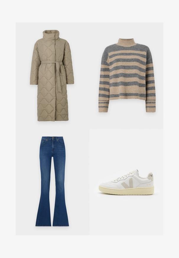 Long taupe quilted coat with high collar and matching fabric belt tied at the waist, featuring wave-pattern stitching throughout.; Striped knit sweater featuring gray and beige colors, high neck, wide cuffed sleeves, and a relaxed fit with a cropped design.; Flares jeans in dark blue denim, high-waisted with a fitted top and wide flared bottoms, featuring subtle whiskering and classic stitching.; White leather sneaker with beige suede accents, perforated toe box, flat laces, and a textured cream sole. Features subtle branding on heel.