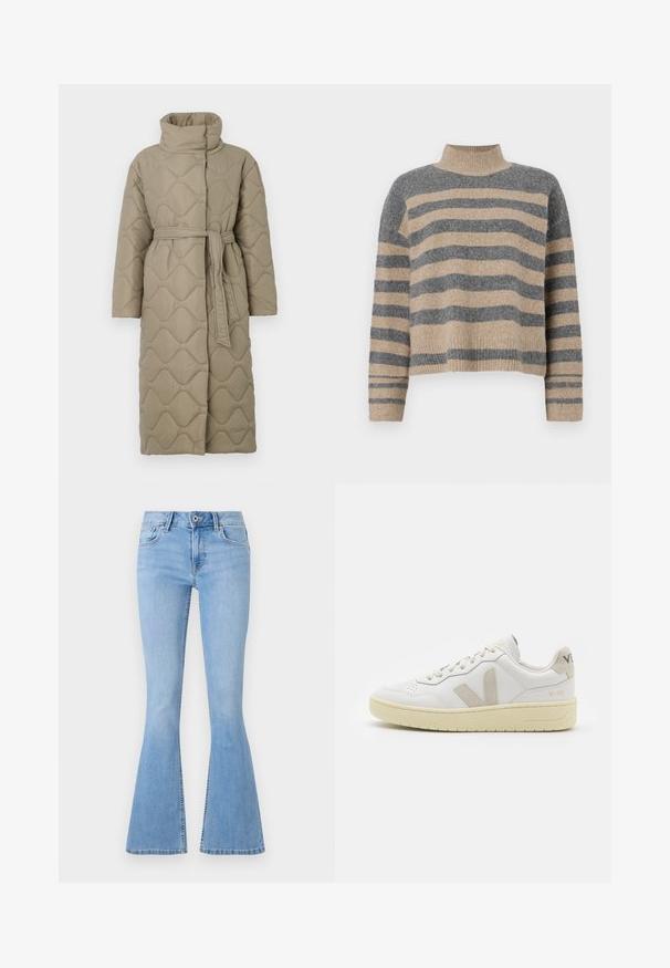 Dolga taupe puhovka s visokim ovratnikom in pasom iz iste tkanine, zavezanim na pasu, ki vsebuje šivane vzorce valov v celotni dolžini.; Prajčast pulover z šivi v sivi in bež barvi, visokim ovratnikom, širokimi manšetami in sproščenim krojem s skrajšano zasnovo.; Svetlo modri zvončasti džins, izdelan iz denim materiala, z oprijetim pasom, sprednjimi žepi in zadrgo. Opozorljiv zvončasti rob pri gležnju.; Bela usnjena tenisača z bež semiš poudarki, perforiranim prednjim delom, ravnimi vezalkami in strukturiranim kremnim podplatom. Ima diskretno blagovno znamko na peti.