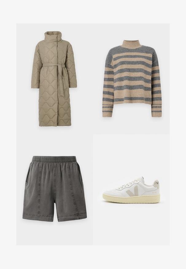 Pikk taupe värvi tikitud mantel kõrge kraega ja sobiva materjalist vööga, mis on seotud vöökohal, ning kogu ulatuses on lainelise mustriga tikand.; Triibuline kudumipusa, millel on hallid ja beezid toonid, kõrge kaelus, laiad mansetid ja vabalt langev lõige koos lühendatud disainiga.; Hallid hallist puuvillast lühikesed püksid, millel on elastne vöökoht, küljetaskud ja õmbluste ääres jäädvustatud detailsus. Pehme tekstuur ja mugav lõikevariant.; Valge nahast tenniseking, millel on beežist siidist aktsent ja aukudega varvas, lame paelad ja tekstureeritud koorevärvi tallad. Omab nüansirikast brändimist kannal.