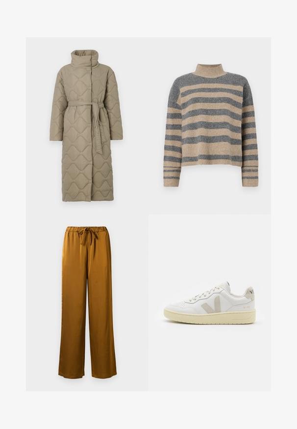 Ilgas taupe spalvos siuvinėtas paltas su aukštu apykakle ir derančiu audinio diržu, suvytu juosmenyje, su banguotu raštu siuvinėjimu visame paviršiuje.; Dryžuotas mezginys su pilkos ir smėlio spalvomis, aukštu kaklu, plačiomis rankovėmis su atvartais ir laisvu siluetu, trumpesnio ilgio.; Rudi satino plates su plačiu kojų kirpimu, su elastinga juosta ir pintuku. Glotni tekstūra ir pilno ilgio dizainas su laisvu kirpimu.; Balti odiniai sportbačiai su kreminiais zomšos akcentais, perforuota pirštų dalimi, plokščiomis raišteliais ir struktūruota kreminėmis padomis. Ant kulno yra subtilus ženklinimas.