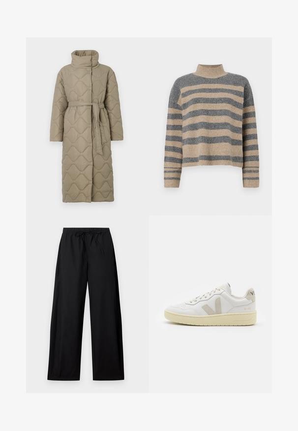 Cappotto lungo color taupe trapuntato con alto colletto e cintura in tessuto abbinato legata in vita, caratterizzato da cuciture a motivo ondulato in tutto il capo.; Maglione a righe realizzato in maglia, nei colori grigio e beige, con collo alto, maniche larghe con polsini e una vestibilità rilassata con un design corto.; Pantaloni neri a gamba larga con cintura elastica e cordino. Realizzati in tessuto leggero, presentano una texture liscia e un design semplice.; Sneaker in pelle bianca con dettagli in suede beige, punta perforata, lacci piatti e suola testurizzata color crema. Presenta un logo discreto sul tallone.
