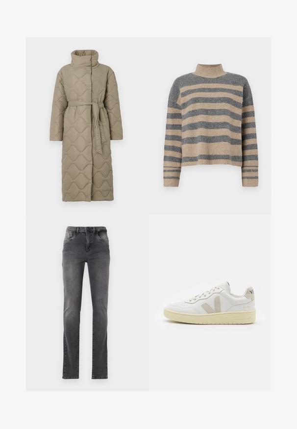 Ilgas taupe spalvos siuvinėtas paltas su aukštu apykakle ir derančiu audinio diržu, suvytu juosmenyje, su banguotu raštu siuvinėjimu visame paviršiuje.; Dryžuotas mezginys su pilkos ir smėlio spalvomis, aukštu kaklu, plačiomis rankovėmis su atvartais ir laisvu siluetu, trumpesnio ilgio.; Pilkos lieknosios džinsai su šiek tiek išblukusiais šlaunų ir kelių zonomis, turintys priekines ir galines kišenes, diržo kilpas bei užsegimą mygtuku.; Balti odiniai sportbačiai su kreminiais zomšos akcentais, perforuota pirštų dalimi, plokščiomis raišteliais ir struktūruota kreminėmis padomis. Ant kulno yra subtilus ženklinimas.