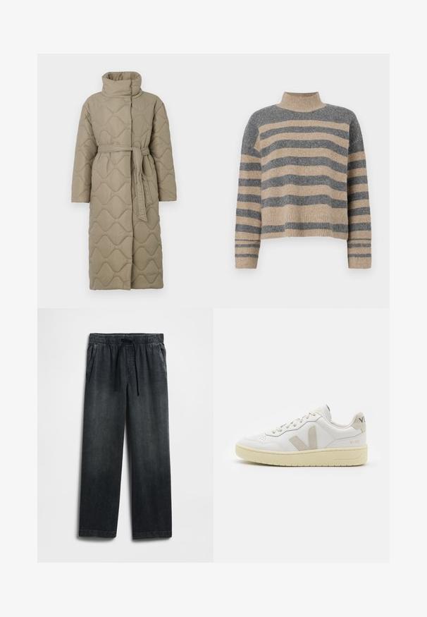 Dolga taupe puhovka s visokim ovratnikom in pasom iz iste tkanine, zavezanim na pasu, ki vsebuje šivane vzorce valov v celotni dolžini.; Prajčast pulover z šivi v sivi in bež barvi, visokim ovratnikom, širokimi manšetami in sproščenim krojem s skrajšano zasnovo.; Črne kavbojke iz jeansa z elastičnim pasom na vezalko, širokimi hlačnicami in subtilnim bledenjem. Vključeni sta dve stranski žepi.; Bela usnjena tenisača z bež semiš poudarki, perforiranim prednjim delom, ravnimi vezalkami in strukturiranim kremnim podplatom. Ima diskretno blagovno znamko na peti.
