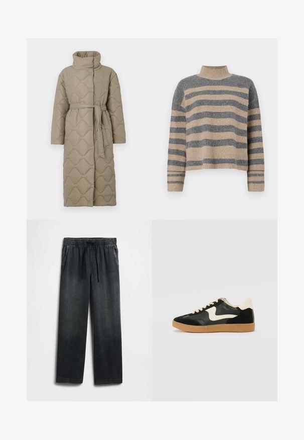 Long taupe quilted coat with high collar and matching fabric belt tied at the waist, featuring wave-pattern stitching throughout.; Striped knit sweater featuring gray and beige colors, high neck, wide cuffed sleeves, and a relaxed fit with a cropped design.; Black denim pants featuring an elastic waistband with a drawstring, wide-leg fit, and subtle fading. Two side pockets included.; Black suede and leather sneaker with a cream side swoosh and light cream heel. Features beige laces and a gum rubber outsole.