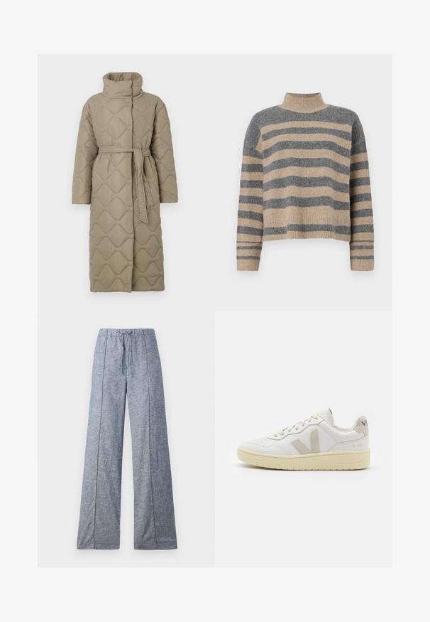 Lange taupe gekwiltde jas met hoge kraag en bijpassende stoffen riem die om de taille is geknoopt, met golfpatroon stiksel over het geheel.; Gestreepte gebreide trui met grijze en beige kleuren, hoge hals, brede mouwen met manchetten en een relaxte pasvorm met een cropped ontwerp.; Wijdvallende broek in een lichtblauwe stof met een subtiele textuur, met een elastische tailleband en een trekkoord voor aanpassing.; Witte leren sneaker met beige suède accenten, geperforeerde neus, platte veters en een gestructureerde crèmekleurige zool. Heeft subtiele branding op de hak.