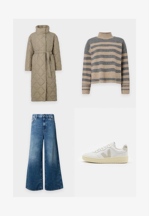 Pitkä taupe-värinen tikattu takki, jossa on korkea kaulus ja samaa kangasta oleva vyö solmittuna vyötärölle. Takissa on aallokkomuotoista tikkausta koko matkalta.; Raidallisen neulepaidan harmaan ja beigen sävyiset värit, korkea kaulus, leveät hihansuut ja rento istuvuus lyhyellä leikkauksella.; Laivahousut vaaleansinisessä denimissä, joissa on klassinen viisi-taskujärjestelmä, nappisulku ja lievää kulumista lisätekstuurin saamiseksi.; Valkoiset nahkakengät, joissa on vaaleanruskeat pigmenttisuojat, rei'itetty kärki, litteät nauhat ja teksturoitu kermaisa pohja. Takana on huomaamaton brändäys.