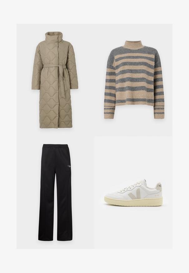 Hosszú taupe színű steppelt kabát magas gallérral és azonos anyagból készült övvel, amely a deréknál van megkötve, hullámmintás varrással az egész felületen.; Csíkos kötött pulóver szürke és bézs színekkel, magas gallérral, széles mandzsettás ujjal és laza, rövidített fazonnal.; Fekete sportnadrág laza fit, elasztikus derékpánttal, diszkrét oldals seamekkel és egy kis fehér logóval az elején. Sima szövettextúra.; Fehér bőr sneaker bézs velúr részletekkel, perforált orr résszel, lapos fűzőkkel és textúrált krémszínű talppal. Finom márkajelzés található a sarkán.