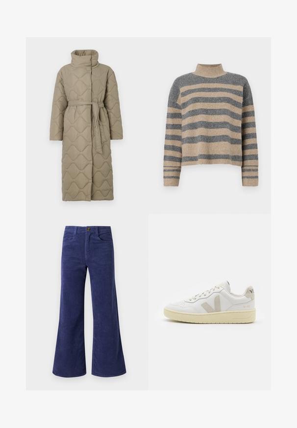 Dolga taupe puhovka s visokim ovratnikom in pasom iz iste tkanine, zavezanim na pasu, ki vsebuje šivane vzorce valov v celotni dolžini.; Prajčast pulover z šivi v sivi in bež barvi, visokim ovratnikom, širokimi manšetami in sproščenim krojem s skrajšano zasnovo.; Temno modri žametni široki hlače z teksturirano površino, z sprednjimi žepi in gumbom za zapiranje v pasu.; Bela usnjena tenisača z bež semiš poudarki, perforiranim prednjim delom, ravnimi vezalkami in strukturiranim kremnim podplatom. Ima diskretno blagovno znamko na peti.