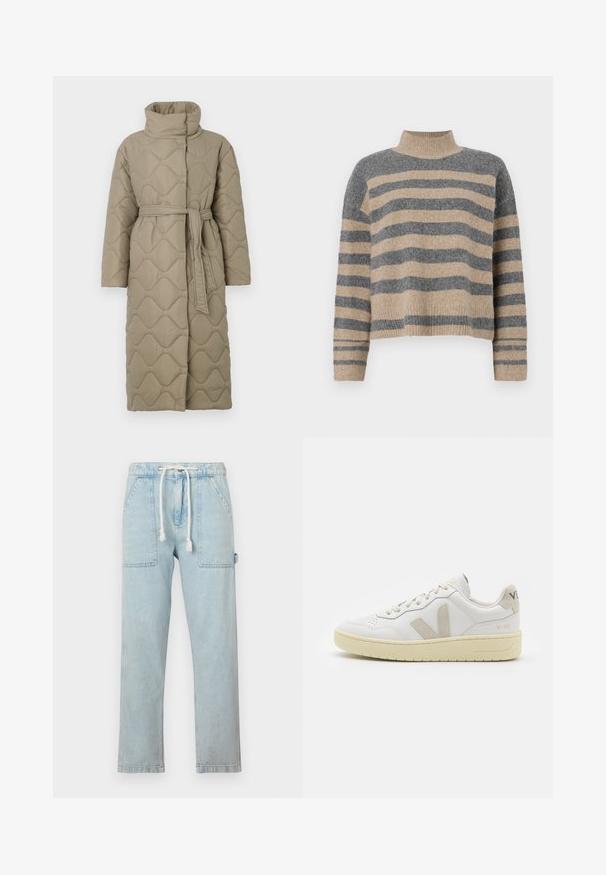 Długi, taupe'owy, pikowany płaszcz z wysokim kołnierzem i pasującym paskiem z materiału związanym w talii, z falistym wzorem przeszyć na całej powierzchni.; Sweter w paski z dzianiny w kolorach szaro-beżowych, z wysokim kołnierzem, szerokimi rękawami na mankietach i luźnym krojem z krótką długością.; Jasnoniebieskie dżinsowe joggery z elastycznym paskiem, dwiema dużymi przednimi kieszeniami, prostym krojem nogawki oraz miękką fakturą.; Białe skórzane trampki z beżowymi zamszowymi akcentami, perforowanym noskiem, płaskimi sznurowadłami i teksturowaną kremową podeszwą. Posiadają subtelne logo na pięcie.