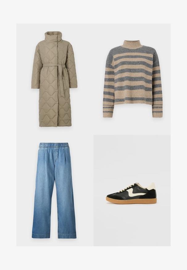 Long taupe quilted coat with high collar and matching fabric belt tied at the waist, featuring wave-pattern stitching throughout.; Striped knit sweater featuring gray and beige colors, high neck, wide cuffed sleeves, and a relaxed fit with a cropped design.; Light blue denim trousers with an elastic waistband, wide-leg cut, and subtle texture. Features no visible pockets or embellishments.; Black suede and leather sneaker with a cream side swoosh and light cream heel. Features beige laces and a gum rubber outsole.