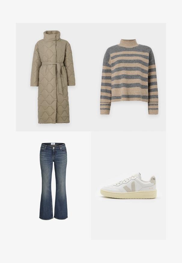 Pitkä taupe-värinen tikattu takki, jossa on korkea kaulus ja samaa kangasta oleva vyö solmittuna vyötärölle. Takissa on aallokkomuotoista tikkausta koko matkalta.; Raidallisen neulepaidan harmaan ja beigen sävyiset värit, korkea kaulus, leveät hihansuut ja rento istuvuus lyhyellä leikkauksella.; Siniset farkut, joissa on hieman haalistumista reiden ja polvien alueella, edessä nappi ja vetskari, ja bootcut-muotoinen lahje.; Valkoiset nahkakengät, joissa on vaaleanruskeat pigmenttisuojat, rei'itetty kärki, litteät nauhat ja teksturoitu kermaisa pohja. Takana on huomaamaton brändäys.