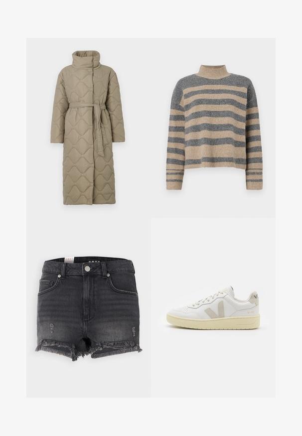 Lang taupe quiltet frakke med høj krave og bælte i matchende stof bundet i taljen, med bølge-mønster syninger over hele.; Striktrøje med striber i grå og beige farver, høj hals, brede manchetærmer og en afslappet pasform med et cropped design.; Sorte denimshorts med en flosset kant, slidte detaljer og en metalknaplukning. Har et klassisk design og fem-lomme stil.; Hvide lærreds sneakers med beige ruskindsdetaljer, perforeret tåboks, flade snørebånd og en struktureret cremefarvet sål. Har diskret branding på hælen.