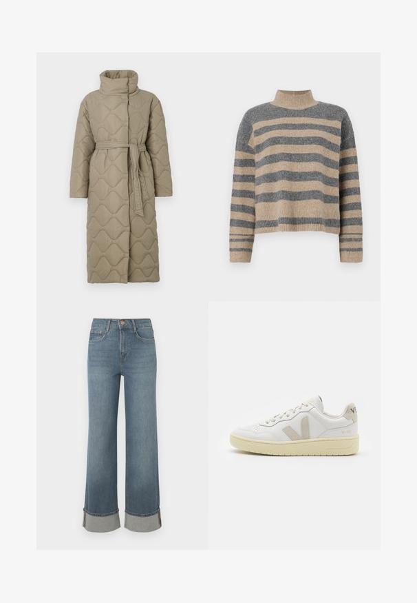 Dolga taupe puhovka s visokim ovratnikom in pasom iz iste tkanine, zavezanim na pasu, ki vsebuje šivane vzorce valov v celotni dolžini.; Prajčast pulover z šivi v sivi in bež barvi, visokim ovratnikom, širokimi manšetami in sproščenim krojem s skrajšano zasnovo.; Široke modre kavbojke imajo visok pas, manšete z sivo obrobo, pet žepov in sprednje zapiranje na gumb.; Bela usnjena tenisača z bež semiš poudarki, perforiranim prednjim delom, ravnimi vezalkami in strukturiranim kremnim podplatom. Ima diskretno blagovno znamko na peti.