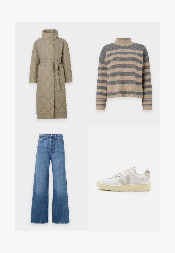 Manteau lung de culoare taupe, matlasat, cu guler înalt și curea din același material legată în talie, având o broderie în formă de valuri pe întreaga suprafață.; Pulover tricotat cu dungi, în culori gri și bej, guler înalt, mâneci late cu manșete și o croială lejeră cu un design scurt.; Jeans evazate cu talie înaltă de culoare albastră, cu închidere prin buton și fermoar, buzunare frontale și decolorare subtilă pe material.; Pantofii sport din piele albă cu accente din suede bej, cutie pentru degete perforată, șireturi plate și o talpă texturată de crem. Prezintă branding subtil pe călcâi.