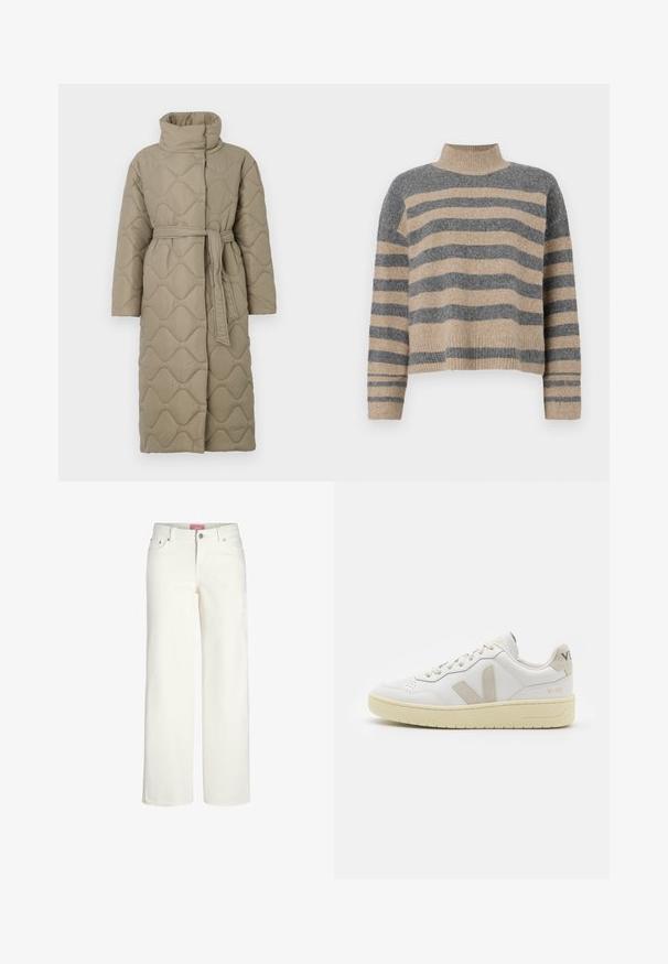 Casaco longo em taupe, acolchoado, com gola alta e cinto de tecido a condizer atado à cintura, apresentando um acolchoado em padrão de ondas por toda a parte.; Sweater de malha às riscas com cores cinza e bege, gola alta, mangas largas com punhos e um corte solto com design cropped.; Jeans brancos de perna larga feitos de denim com uma textura suave. Apresenta cinco bolsos, um fecho de botão e um design de cintura ligeiramente alta.; Sapatilha de couro branca com detalhes em camurça bege, biqueira perfurada, atacadores planos e sola texturizada creme. Apresenta uma marcação subtil no calcanhar.
