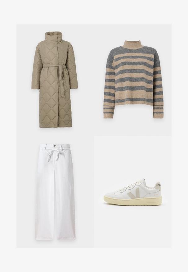 Ilgas taupe spalvos siuvinėtas paltas su aukštu apykakle ir derančiu audinio diržu, suvytu juosmenyje, su banguotu raštu siuvinėjimu visame paviršiuje.; Dryžuotas mezginys su pilkos ir smėlio spalvomis, aukštu kaklu, plačiomis rankovėmis su atvartais ir laisvu siluetu, trumpesnio ilgio.; Balti plačios kojinės kelnės, pagamintos iš medvilnės. Turintys raištelį juosmenyje ir mygtukų užsegimą. Lygus pavirčius su minimalistiniu dizainu.; Balti odiniai sportbačiai su kreminiais zomšos akcentais, perforuota pirštų dalimi, plokščiomis raišteliais ir struktūruota kreminėmis padomis. Ant kulno yra subtilus ženklinimas.