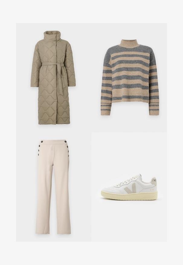 Dolga taupe puhovka s visokim ovratnikom in pasom iz iste tkanine, zavezanim na pasu, ki vsebuje šivane vzorce valov v celotni dolžini.; Prajčast pulover z šivi v sivi in bež barvi, visokim ovratnikom, širokimi manšetami in sproščenim krojem s skrajšano zasnovo.; Bež hlače po meri iz gladkega materiala, z ravnimi hlačnicami, visokim pasom in šestimi črnimi gumbi na strani.; Bela usnjena tenisača z bež semiš poudarki, perforiranim prednjim delom, ravnimi vezalkami in strukturiranim kremnim podplatom. Ima diskretno blagovno znamko na peti.