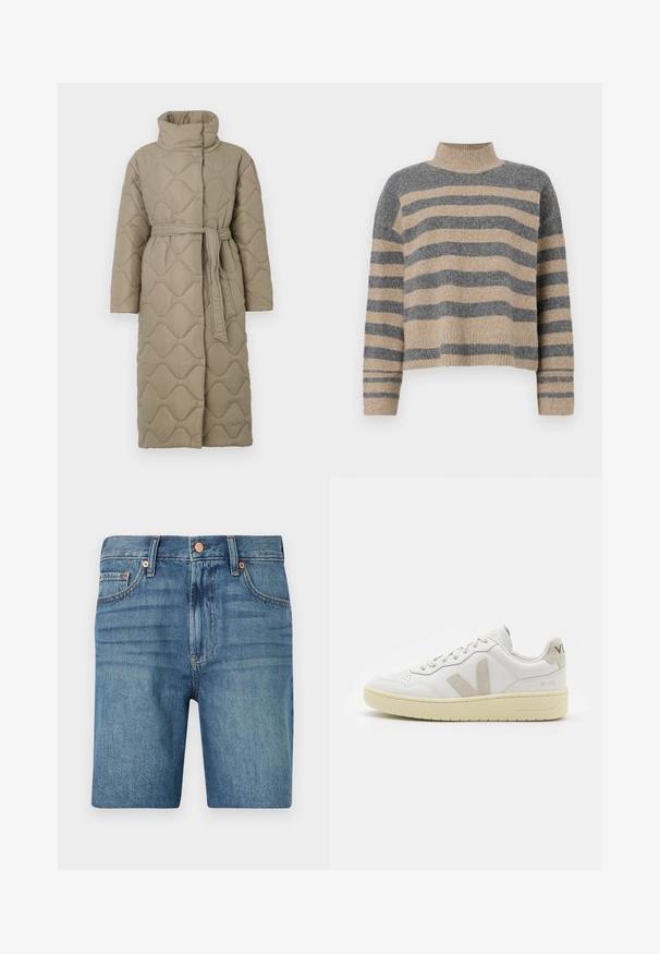 Pitkä taupe-värinen tikattu takki, jossa on korkea kaulus ja samaa kangasta oleva vyö solmittuna vyötärölle. Takissa on aallokkomuotoista tikkausta koko matkalta.; Raidallisen neulepaidan harmaan ja beigen sävyiset värit, korkea kaulus, leveät hihansuut ja rento istuvuus lyhyellä leikkauksella.; Vaaleansiniset farkkushortsit, joissa on klassinen leikkaus, viisi taskua ja kuparinsävytteiset yksityiskohdat kontrastina. Kankaan rakenne on koostumukseltaan keskipaksu.; Valkoiset nahkakengät, joissa on vaaleanruskeat pigmenttisuojat, rei'itetty kärki, litteät nauhat ja teksturoitu kermaisa pohja. Takana on huomaamaton brändäys.