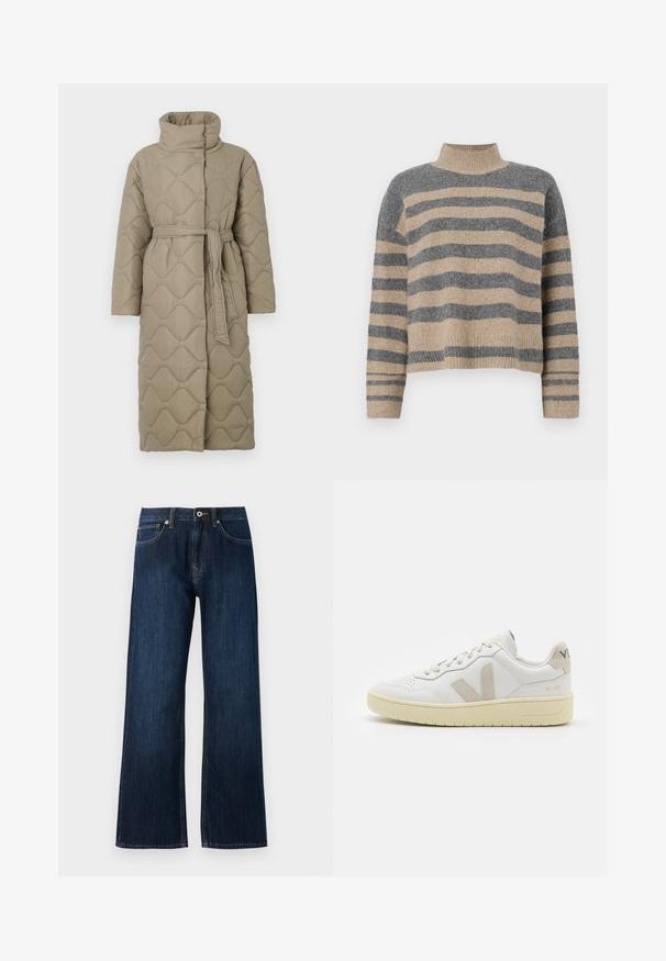 Pikk taupe värvi tikitud mantel kõrge kraega ja sobiva materjalist vööga, mis on seotud vöökohal, ning kogu ulatuses on lainelise mustriga tikand.; Triibuline kudumipusa, millel on hallid ja beezid toonid, kõrge kaelus, laiad mansetid ja vabalt langev lõige koos lühendatud disainiga.; Laiad sinised teksad, mis on valmistatud denimist, koos luku ja nööp kinnitusega ning kahe ees oleva taskuga, millel on kontrastne õmblus.; Valge nahast tenniseking, millel on beežist siidist aktsent ja aukudega varvas, lame paelad ja tekstureeritud koorevärvi tallad. Omab nüansirikast brändimist kannal.