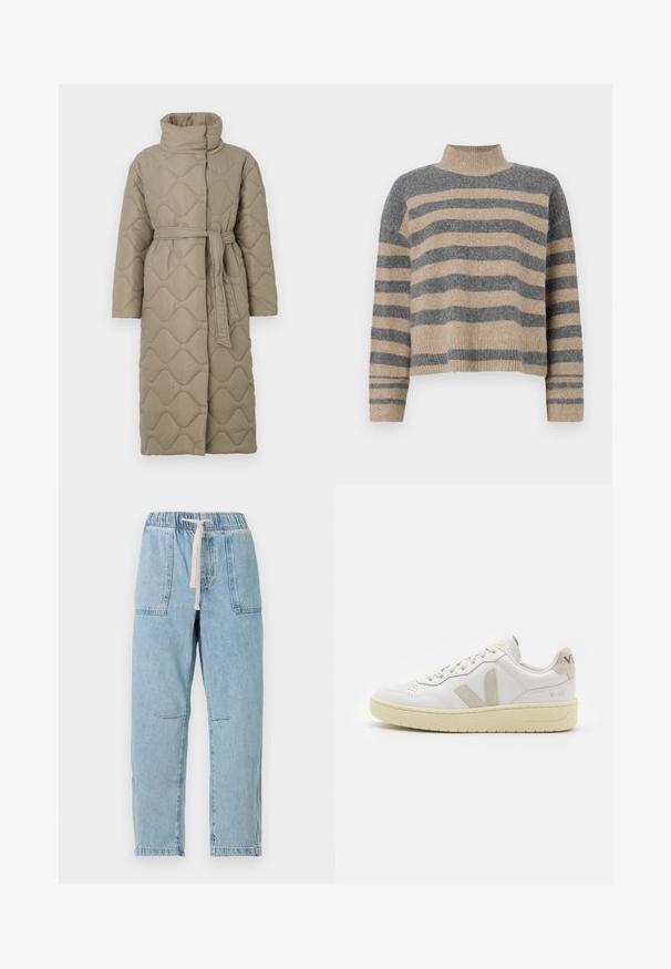 Dolga taupe puhovka s visokim ovratnikom in pasom iz iste tkanine, zavezanim na pasu, ki vsebuje šivane vzorce valov v celotni dolžini.; Prajčast pulover z šivi v sivi in bež barvi, visokim ovratnikom, širokimi manšetami in sproščenim krojem s skrajšano zasnovo.; Svetlo modri denim hlače z elastičnim pasom in vrvico. Imajo dva sprednja žepa in vidne šive. Naravnan kroj nogavic.; Bela usnjena tenisača z bež semiš poudarki, perforiranim prednjim delom, ravnimi vezalkami in strukturiranim kremnim podplatom. Ima diskretno blagovno znamko na peti.