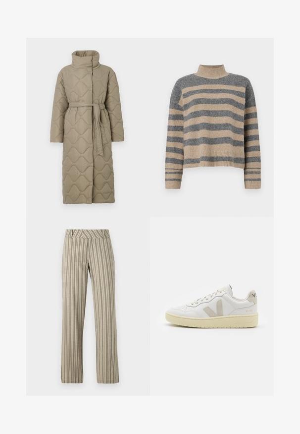 Lång taupe-färgad vadderad kappa med hög krage och matchande tygskärp knutet i midjan, med en vågmönstrad sömnad genom hela plagget.; Randig stickad tröja i grå och beige färger, hög krage, vida manschetter och avslappnad passform med en cropped design.; Beige randiga byxor med vida ben, tillverkade av lätt tyg, med hög midja och rak passform samt sidofickor.; Vita lädersneakers med beige mockadetaljer, perforerad tåbox, platta snören och en texturerad krämfärgad sula. Har diskret varumärkning på hälen.