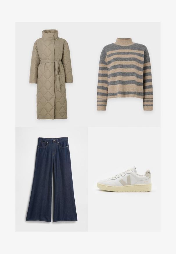 Manteau lung de culoare taupe, matlasat, cu guler înalt și curea din același material legată în talie, având o broderie în formă de valuri pe întreaga suprafață.; Pulover tricotat cu dungi, în culori gri și bej, guler înalt, mâneci late cu manșete și o croială lejeră cu un design scurt.; Pantaloni din denim cu croială largă, de culoare albastru închis. Prezintă talie înaltă, cinci buzunare și cusături contrastante. Textură netedă cu tiv curat.; Pantofii sport din piele albă cu accente din suede bej, cutie pentru degete perforată, șireturi plate și o talpă texturată de crem. Prezintă branding subtil pe călcâi.