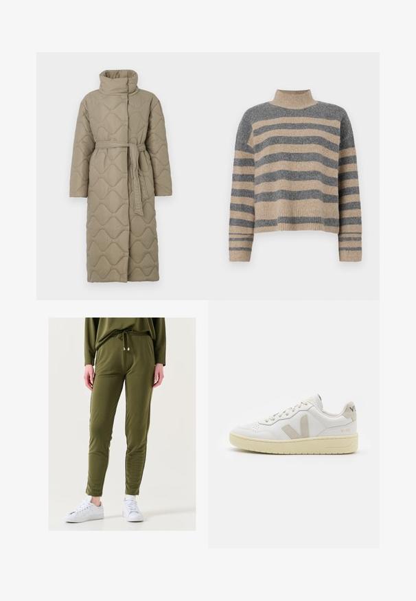 Długi, taupe'owy, pikowany płaszcz z wysokim kołnierzem i pasującym paskiem z materiału związanym w talii, z falistym wzorem przeszyć na całej powierzchni.; Sweter w paski z dzianiny w kolorach szaro-beżowych, z wysokim kołnierzem, szerokimi rękawami na mankietach i luźnym krojem z krótką długością.; Jasnozielone joggery, elastyczny pas z rzemykiem, dopasowany krój, miękki materiał, boczne paski, zestawione z białymi butami sportowymi.; Białe skórzane trampki z beżowymi zamszowymi akcentami, perforowanym noskiem, płaskimi sznurowadłami i teksturowaną kremową podeszwą. Posiadają subtelne logo na pięcie.