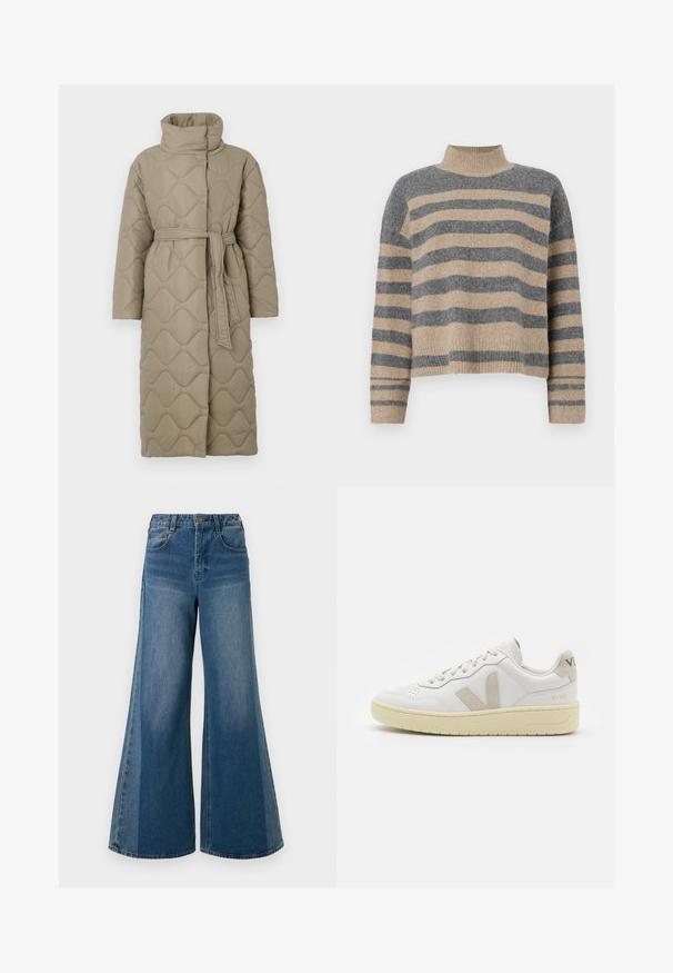 Lang taupe quiltet frakk med høy krage og belte i matchende stoff knyttet rundt livet, med bølgemønster-innsying gjennom hele frakken.; Stripet strikkegenser som har grå og beige farger, høy hals, brede mansjetter og en avslappet passform med kort design.; Bredde ben denimjeans i mørkeblå vask, med høy midje, fem lommer og klassisk knappelukking. Glatt tekstur med minimal falming.; Hvite lær sneakers med beige semsket detaljer, perforert tåboks, flate lisser og en teksturert kremfarget såle. Har subtil branding på hælen.