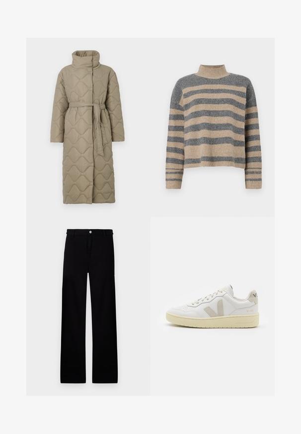 Pikk taupe värvi tikitud mantel kõrge kraega ja sobiva materjalist vööga, mis on seotud vöökohal, ning kogu ulatuses on lainelise mustriga tikand.; Triibuline kudumipusa, millel on hallid ja beezid toonid, kõrge kaelus, laiad mansetid ja vabalt langev lõige koos lühendatud disainiga.; Mustadest puuvillast püksid sirge lõikega, millel on ees nuppude sulgemine ja ilma nähtavate mustrite või aktsentideta.; Valge nahast tenniseking, millel on beežist siidist aktsent ja aukudega varvas, lame paelad ja tekstureeritud koorevärvi tallad. Omab nüansirikast brändimist kannal.