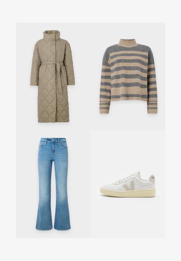 Μακρύ καφέ παλτό με ραφές σε σχέδιο κύματος και ψηλό γιακά, που διαθέτει ζώνη από το ίδιο ύφασμα δεμένη στη μέση.; Ριγέ πλεκτό πουλόβερ σε γκρι και μπεζ αποχρώσεις, με ψηλό λαιμό, φαρδιές μανσέτες και χαλαρή εφαρμογή με cropped σχέδιο.; Ανοιχτό μπλε τζιν παντελόνι με φαρδιά καμπάνα, μπροστινές τσέπες, θηλιές ζώνης και κούμπωμα με κουμπί, σε λευκό φόντο.; Λευκά δερμάτινα αθλητικά παπούτσια με μπεζ σουέτ λεπτομέρειες, διάτρητο μπροστινό μέρος, επίπεδα κορδόνια και υφασμάτινη κρεμ σόλα. Διαθέτει διακριτική επωνυμία στη φτέρνα.