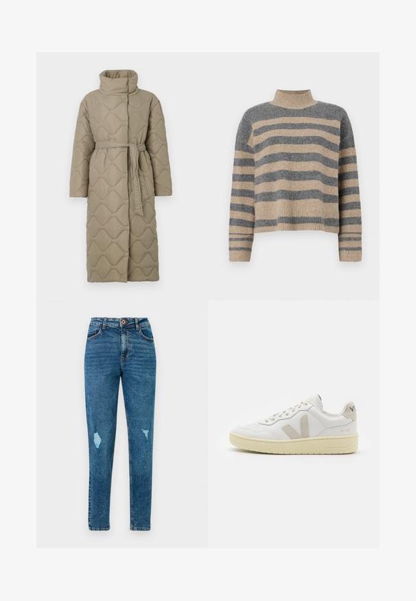 Garšs pelēkbrūns quiltēts mētelis ar augstu apkakli un atbilstošu auduma jostu, kas sasieta ap vidukli, ar viļņu raksta šuvēm visā virsmā.; Raitaināta džemperis ar pelēkajām un bežām krāsām, augstu apkakli, platām aprocēm un brīvu piegriezumu ar īsu dizainu.; Zilā augsto jostasvietu plānos džinsus ar pogu un rāvējslēdzēju, divām priekšējām kabatām un nodiluma traipiem abās kājās.; Baltas ādas sporta apavu pāris ar bēšiem zamša akcentiem, caurumiņu purngalā, plakanu šņorēšanu un teksturētu krēmkrāsas zoli. Iezīmējas ar diskrētu zīmolu uz papēža.