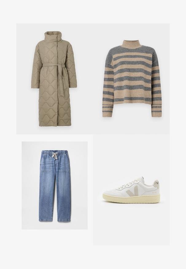 Long taupe quilted coat with high collar and matching fabric belt tied at the waist, featuring wave-pattern stitching throughout.; Striped knit sweater featuring gray and beige colors, high neck, wide cuffed sleeves, and a relaxed fit with a cropped design.; Light blue denim pants with elastic waistband and white drawstring, featuring front patch pockets and straight legs.; White leather sneaker with beige suede accents, perforated toe box, flat laces, and a textured cream sole. Features subtle branding on heel.