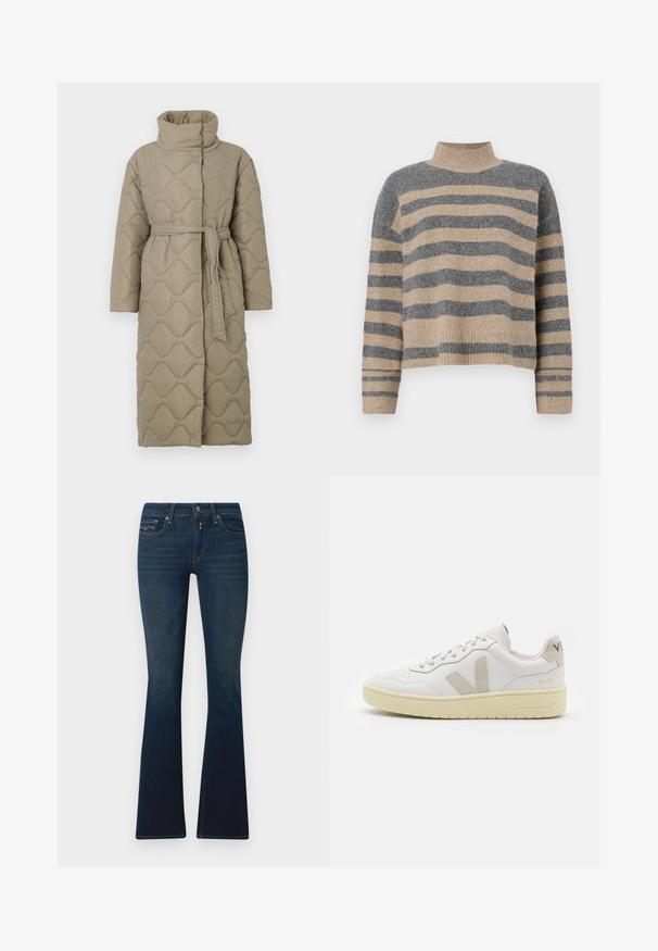 Manteau long en taupe matelassé avec col haut et ceinture en tissu assorti nouée à la taille, présentant des coutures en motif de vagues sur l'ensemble.; Pull en maille rayé aux couleurs grises et beiges, col haut, manches large à poignet, coupe décontractée avec un design court.; Jean évasé bleu foncé en denim, avec une taille à bouton avant, des poches en biais et des détails de couture subtils.; Baskets blanches en cuir avec des accents en daim beige, boîte à orteils perforée, lacets plats et semelle texturée crème. Présente un logo discret au talon.
