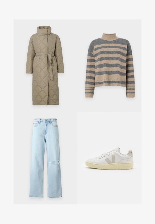 Pikk taupe värvi tikitud mantel kõrge kraega ja sobiva materjalist vööga, mis on seotud vöökohal, ning kogu ulatuses on lainelise mustriga tikand.; Triibuline kudumipusa, millel on hallid ja beezid toonid, kõrge kaelus, laiad mansetid ja vabalt langev lõige koos lühendatud disainiga.; Heledad sinine denim, laia jala istuvusega, millel on kulunud põlv ja klassikaline viie taskuga disain. Sujuv tekstuur, iga päev kasutamiseks sobiv stiil.; Valge nahast tenniseking, millel on beežist siidist aktsent ja aukudega varvas, lame paelad ja tekstureeritud koorevärvi tallad. Omab nüansirikast brändimist kannal.