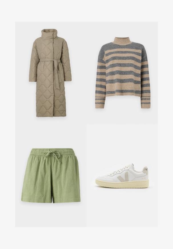 Dlouhý taupe prošívaný kabát s vysokým límcem a opaskem ze stejného materiálu svázaným v pase, se vzorem vlnkového šití po celém povrchu.; Pruhovaný pletený svetr v šedých a béžových barvách, s vysokým krkem, širokými rukávy s manžetami a uvolněným střihem s kráceným designem.; Světle zelené bavlněné šortky s elastickým pasem a šňůrkou. Mají boční kapsy a texturovaný povrch látky.; Bílé kožené tenisky s béžovými semišovými akcenty, perforovanou špičkou, plochými tkaničkami a strukturovanou krémovou podešví. Obsahují jemné logo na patě.