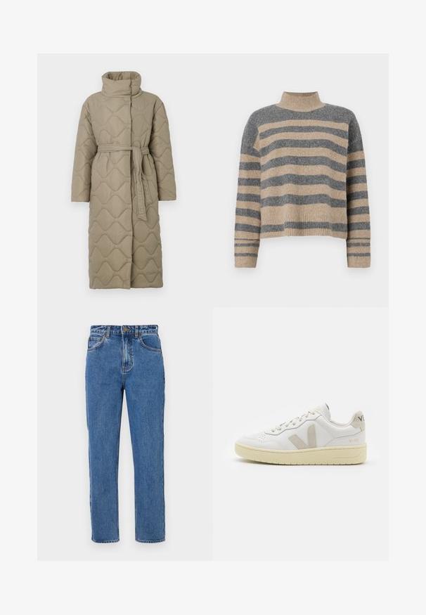 Pikk taupe värvi tikitud mantel kõrge kraega ja sobiva materjalist vööga, mis on seotud vöökohal, ning kogu ulatuses on lainelise mustriga tikand.; Triibuline kudumipusa, millel on hallid ja beezid toonid, kõrge kaelus, laiad mansetid ja vabalt langev lõige koos lühendatud disainiga.; Kõrgema vöökohtaga sinised teksased, sirge jalg, nööbilukuga, viie taskuga, kerge pleekimisega ja toon-in-toonis õmbluse detailidega.; Valge nahast tenniseking, millel on beežist siidist aktsent ja aukudega varvas, lame paelad ja tekstureeritud koorevärvi tallad. Omab nüansirikast brändimist kannal.