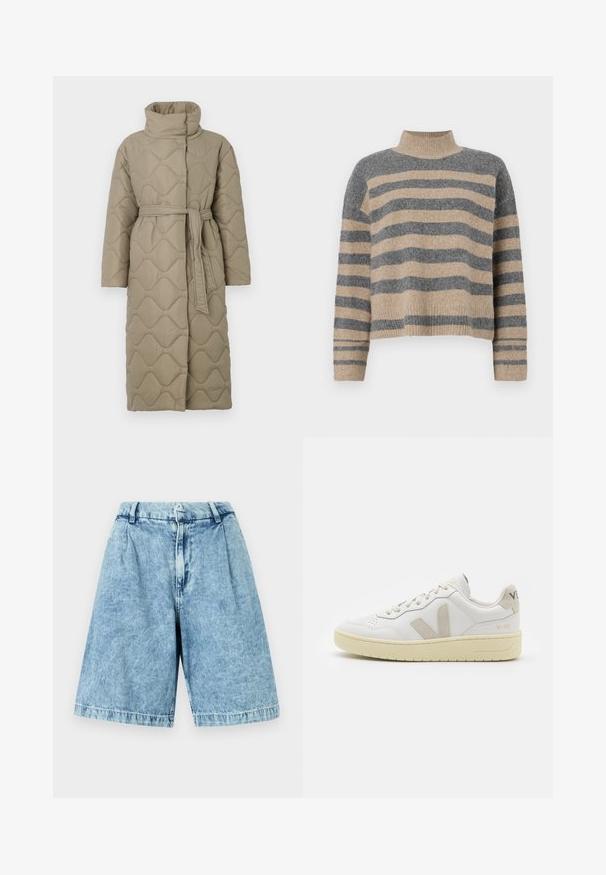 Pikk taupe värvi tikitud mantel kõrge kraega ja sobiva materjalist vööga, mis on seotud vöökohal, ning kogu ulatuses on lainelise mustriga tikand.; Triibuline kudumipusa, millel on hallid ja beezid toonid, kõrge kaelus, laiad mansetid ja vabalt langev lõige koos lühendatud disainiga.; Heledad sinimustad teksapüksid mugava lõikega, esi-zipp, vöörihmadega ja kergelt kulunud tekstuuriga. Ääristatud servad täiendavad disaini.; Valge nahast tenniseking, millel on beežist siidist aktsent ja aukudega varvas, lame paelad ja tekstureeritud koorevärvi tallad. Omab nüansirikast brändimist kannal.