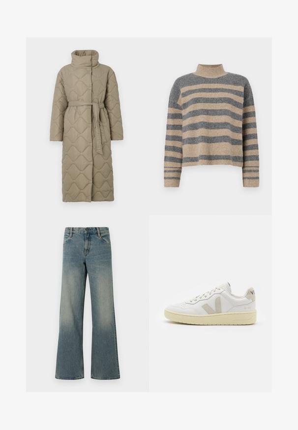 Ilgas taupe spalvos siuvinėtas paltas su aukštu apykakle ir derančiu audinio diržu, suvytu juosmenyje, su banguotu raštu siuvinėjimu visame paviršiuje.; Dryžuotas mezginys su pilkos ir smėlio spalvomis, aukštu kaklu, plačiomis rankovėmis su atvartais ir laisvu siluetu, trumpesnio ilgio.; Mėlynos plačios džinsinės kelnės su klasikiniu penkių kišenių dizainu ir mygtuko-užtrauktuko uždarymu, su nusidėvėjimo detalėmis ant šlaunų ir kelių.; Balti odiniai sportbačiai su kreminiais zomšos akcentais, perforuota pirštų dalimi, plokščiomis raišteliais ir struktūruota kreminėmis padomis. Ant kulno yra subtilus ženklinimas.