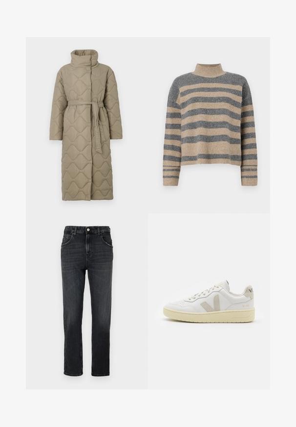 Lang taupe quiltet frakk med høy krage og belte i matchende stoff knyttet rundt livet, med bølgemønster-innsying gjennom hele frakken.; Stripet strikkegenser som har grå og beige farger, høy hals, brede mansjetter og en avslappet passform med kort design.; Mørkegrå denimjeans med en klassisk rett benkutt, fem lommer og en enkelt metallknapp lukking i midjen.; Hvite lær sneakers med beige semsket detaljer, perforert tåboks, flate lisser og en teksturert kremfarget såle. Har subtil branding på hælen.