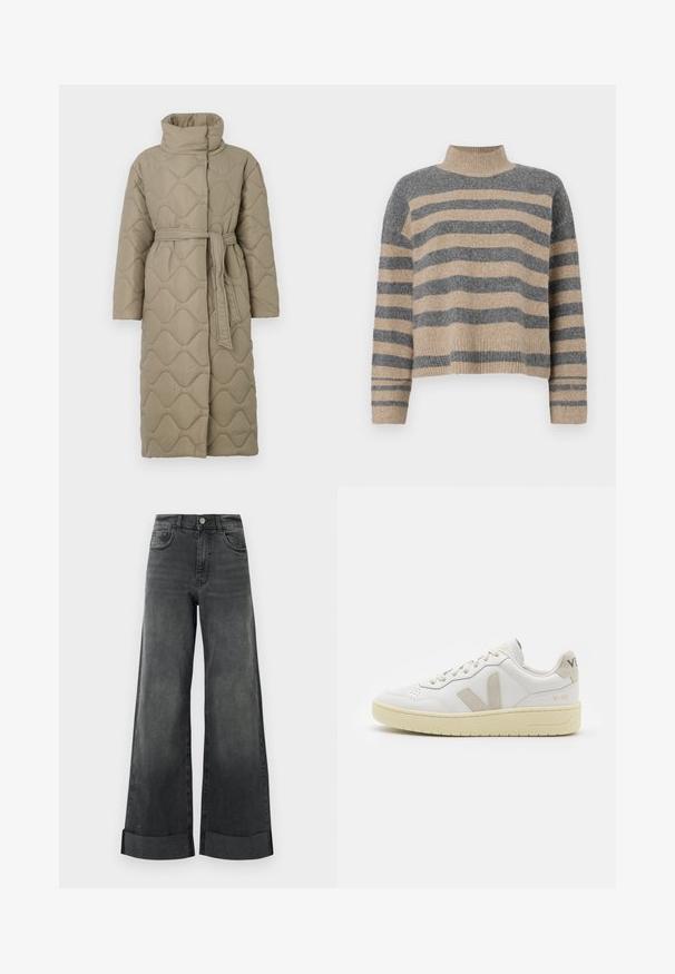 Dugi taupe kaput s kvadrama s visokim ovratnikom i remenom od istog materijala zavezanim u struku, s valovitim uzorkom šivanja kroz cijelu površinu.; Prugasti pleteni džemper u sivoj i bež boji, s visokim ovratnikom, širokim rukavima s manžetama i opuštenim krojem koji je skraćen.; Crne široke traperice viskog struka s preklopnim rubovima, prednjim dugmetom i džepovima, prikazane na jednostavnoj svijetloj pozadini.; Bijele kožne tenisice s bež nubuk naglascima, perforiranim prednjim dijelom, ravnim čipkama i teksturiranom kremastom potplatom. Sadrži suptilni brend na pete.