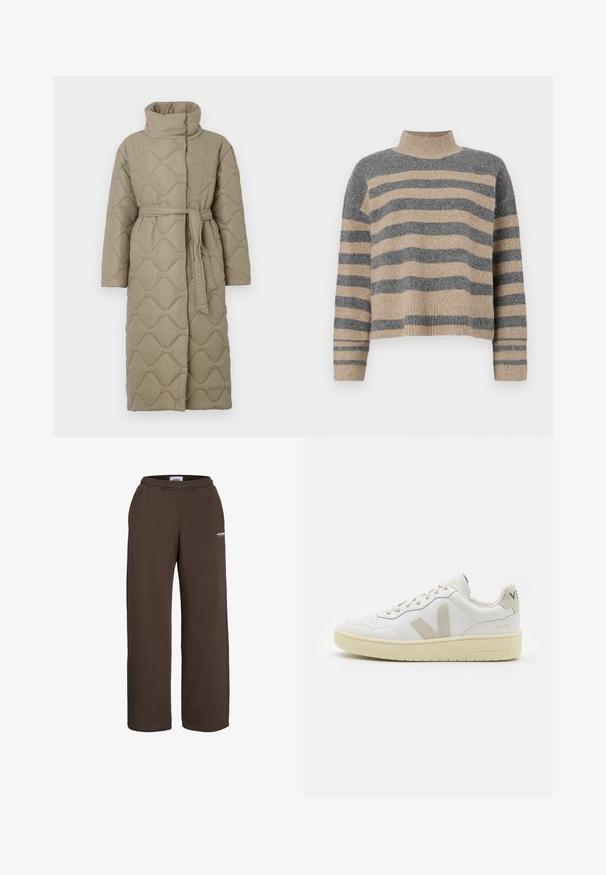 Dolga taupe puhovka s visokim ovratnikom in pasom iz iste tkanine, zavezanim na pasu, ki vsebuje šivane vzorce valov v celotni dolžini.; Prajčast pulover z šivi v sivi in bež barvi, visokim ovratnikom, širokimi manšetami in sproščenim krojem s skrajšano zasnovo.; Rjave trenirke z elastičnim pasom, ki imajo ravno krojen dizajn. Narejene so iz mehkega materiala z majhnim belim logotipom.; Bela usnjena tenisača z bež semiš poudarki, perforiranim prednjim delom, ravnimi vezalkami in strukturiranim kremnim podplatom. Ima diskretno blagovno znamko na peti.