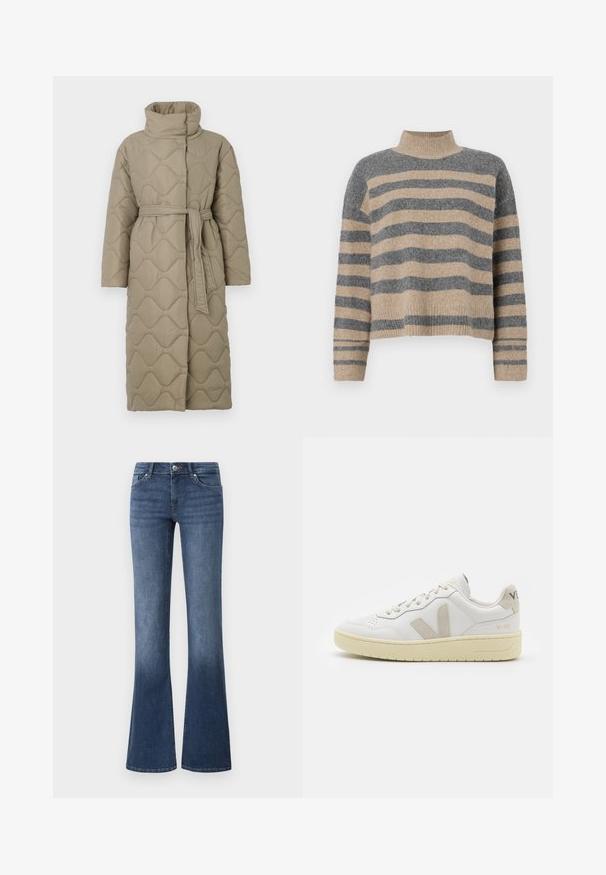 Lange taupe gekwiltde jas met hoge kraag en bijpassende stoffen riem die om de taille is geknoopt, met golfpatroon stiksel over het geheel.; Gestreepte gebreide trui met grijze en beige kleuren, hoge hals, brede mouwen met manchetten en een relaxte pasvorm met een cropped ontwerp.; Uitlopende blauwe jeans van denim, met een medium wassing, vijf zakken en een ritssluiting met knoopsluiting. Soepele textuur.; Witte leren sneaker met beige suède accenten, geperforeerde neus, platte veters en een gestructureerde crèmekleurige zool. Heeft subtiele branding op de hak.